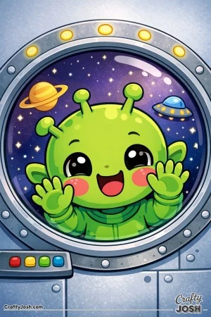 A cute alien child smiles happily while pressing their face and hands against a spaceship window, with planets, stars, and a small UFO visible outside