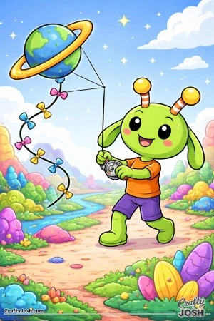 alien reading, alien with book, alien on moon, crescent moon, space reading, cartoon alien, smiling alien, outer space scene, stars and clouds, ..