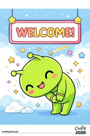 A cute alien with a big smile bows politely while welcoming visitors, with stars, clouds, and a hanging welcome sign in the background