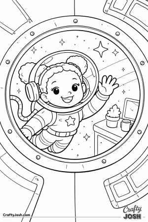 A smiling astronaut girl floats outside a big round space station window and waves, with stars in the background and a small table with a plant, ..