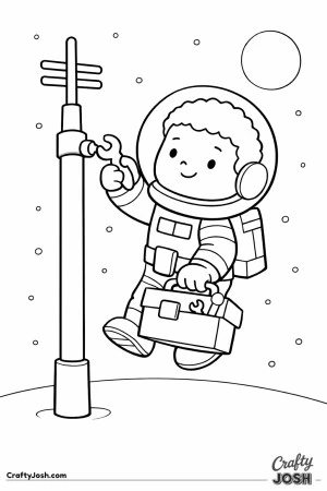 A smiling boy astronaut floats in space while holding a toolbox and using a wrench to repair a tall antenna beside him
