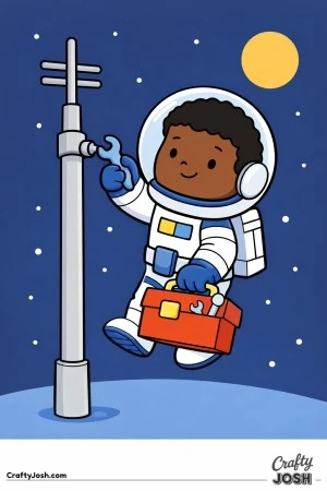 A smiling boy astronaut floats in space while holding a toolbox and using a wrench to repair a tall antenna beside him