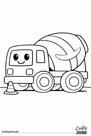 This simple cement mixer truck coloring page features a friendly smiling vehicle with big wheels and a bold easy-to-color design perfect for toddlers