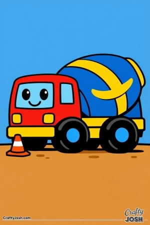 This simple cement mixer truck coloring page features a friendly smiling vehicle with big wheels and a bold easy-to-color design perfect for toddlers