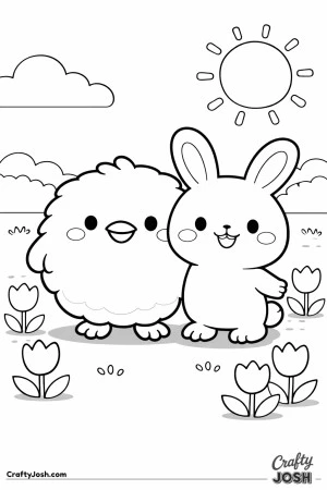 A smiling chick stands beside a friendly bunny in a meadow with simple tulips, clouds, and a bright sun