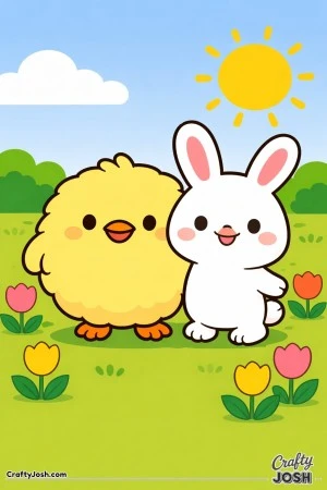 A smiling chick stands beside a friendly bunny in a meadow with simple tulips, clouds, and a bright sun