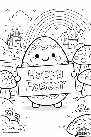 This black and white line art page shows a smiling chocolate Easter egg holding a large “Happy Easter” sign in a magical world with castles, a ..