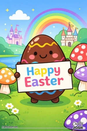 This black and white line art page shows a smiling chocolate Easter egg holding a large “Happy Easter” sign in a magical world with castles, a ..