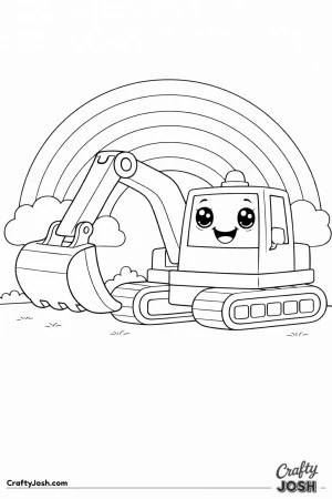 This coloring page shows a rounded digger with big kawaii eyes and a small happy smile parked in front of a large rainbow arch.