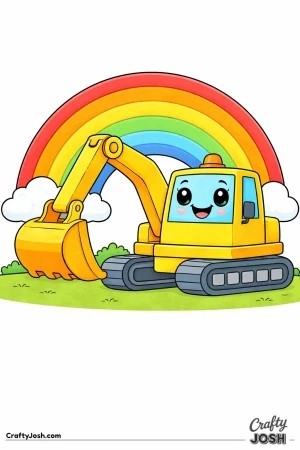 This coloring page shows a rounded digger with big kawaii eyes and a small happy smile parked in front of a large rainbow arch.
