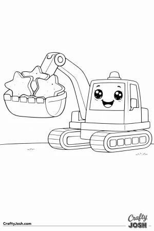 This coloring page shows a rounded digger lifting big star-shaped dirt pieces in its wide bucket