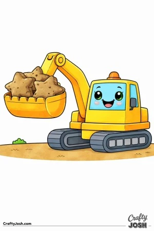 This coloring page shows a rounded digger lifting big star-shaped dirt pieces in its wide bucket