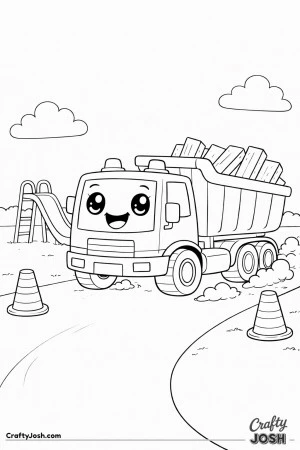 This coloring page shows a dump truck with sparkling eyes delivering large planks to help build a simple playground with a slide and swing frame.