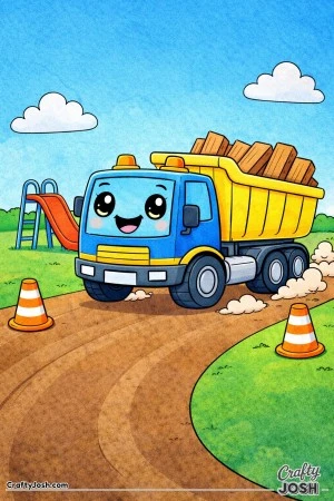This coloring page shows a dump truck with sparkling eyes delivering large planks to help build a simple playground with a slide and swing frame.