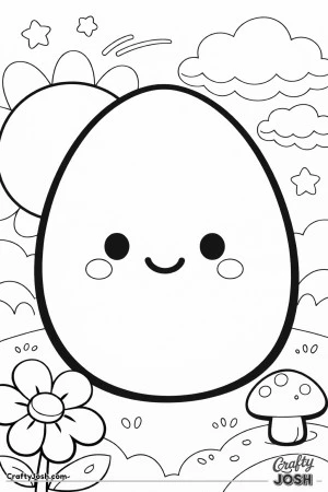 A big smiling egg is in the center, with clouds, a sun, stars, a flower, and a mushroom around it