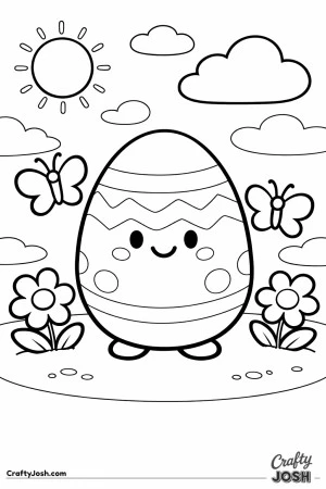 This image shows a smiling Easter egg standing on grass with butterflies, flowers, clouds, and a bright sun in the sky