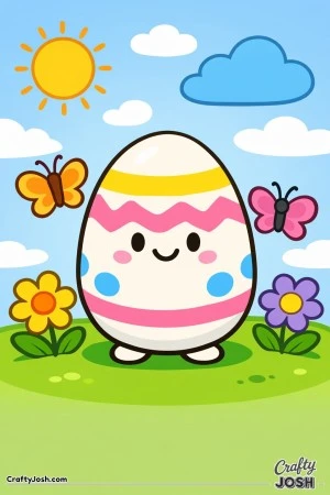 This image shows a smiling Easter egg standing on grass with butterflies, flowers, clouds, and a bright sun in the sky