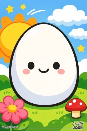 A big smiling egg is in the center, with clouds, a sun, stars, a flower, and a mushroom around it