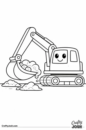 This simple excavator coloring page shows a friendly digger scooping big piles of dirt with bold easy-to-color shapes perfect for toddlers