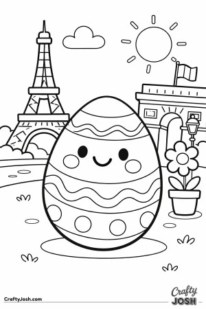 This black and white line art page shows a smiling patterned egg with blush cheeks standing in a simple Paris scene with the Eiffel Tower, a large ..