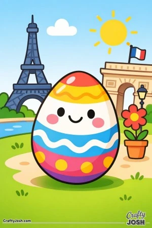 This black and white line art page shows a smiling patterned egg with blush cheeks standing in a simple Paris scene with the Eiffel Tower, a large ..