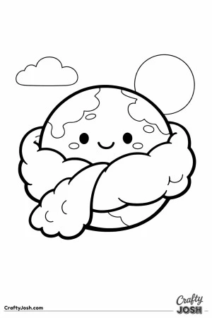 A smiling planet is wrapped in a big fluffy cloud blanket, with a simple sun and one cloud in the sky