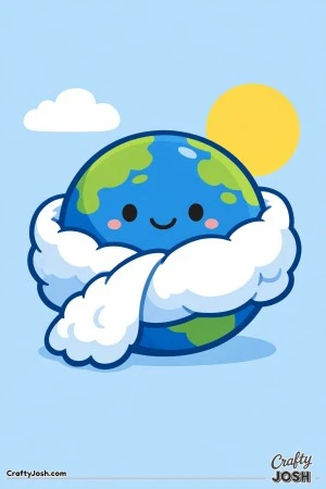 A smiling planet is wrapped in a big fluffy cloud blanket, with a simple sun and one cloud in the sky