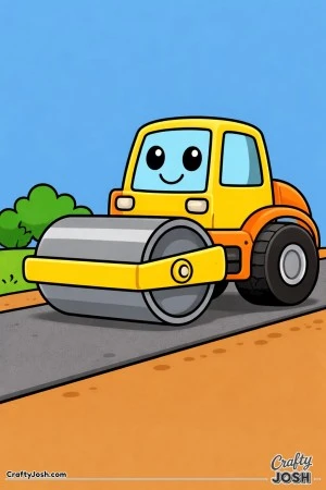 This simple road roller coloring page features a friendly construction vehicle with a big rolling drum and bold easy-to-color shapes perfect for ..