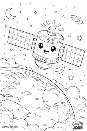 A friendly satellite with a smiling face and big solar panels orbits above Earth, with clouds, stars, a crescent moon, and a small rocket nearby