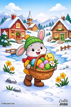 A smiling bunny wearing a winter hat holds a basket of Easter eggs and a baby chick in a snowy village with cozy wooden houses and mountains in the ..