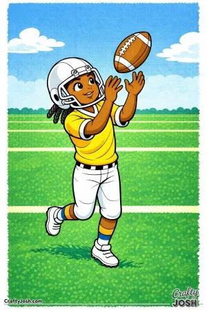 A young football player calmly catches a soft pass over the middle with her hands positioned securely and eyes focused on the ball