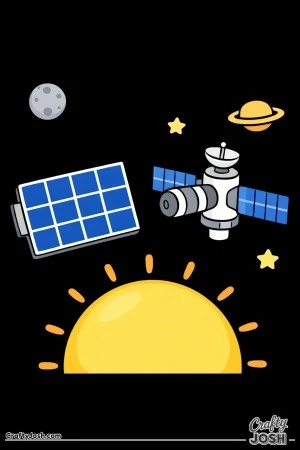 A solar panel floats in space near a space station, with a big sun at the bottom and a moon, stars, and a ringed planet in the sky