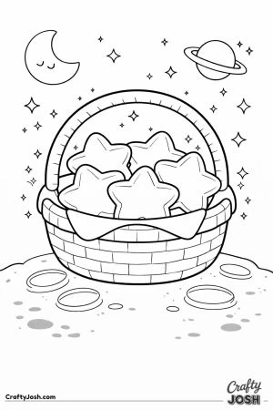 A woven basket filled with star-shaped eggs sits on a small cratered planet surface with a crescent moon, stars, and a ringed planet in the sky