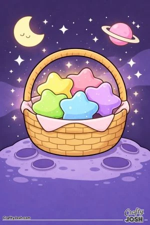 A woven basket filled with star-shaped eggs sits on a small cratered planet surface with a crescent moon, stars, and a ringed planet in the sky