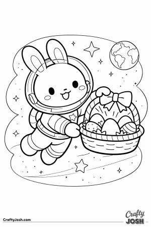 A smiling bunny dressed in a space suit floats in outer space while holding a basket filled with Easter eggs, with stars and a planet in the ..