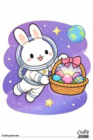 A smiling bunny dressed in a space suit floats in outer space while holding a basket filled with Easter eggs, with stars and a planet in the ..