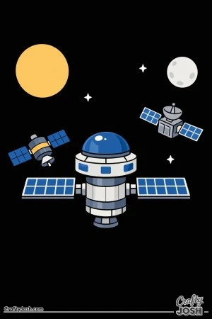 A simple space station floats in space with two satellites nearby, plus a planet, a moon, and a few stars