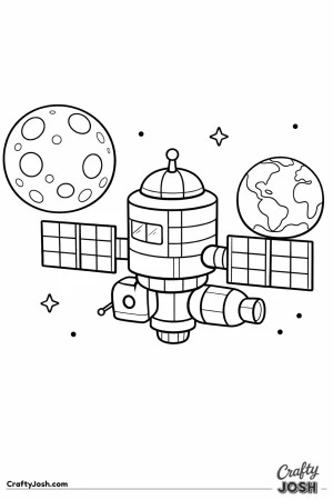 A simple space station floats between the Moon and the Earth, with a few stars in the background