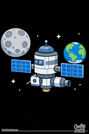 A simple space station floats between the Moon and the Earth, with a few stars in the background