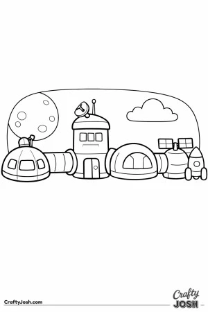 A simple space station is shown with several big modules connected by long tunnels, plus a small rocket and a moon in the background