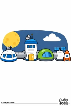 A simple space station is shown with several big modules connected by long tunnels, plus a small rocket and a moon in the background