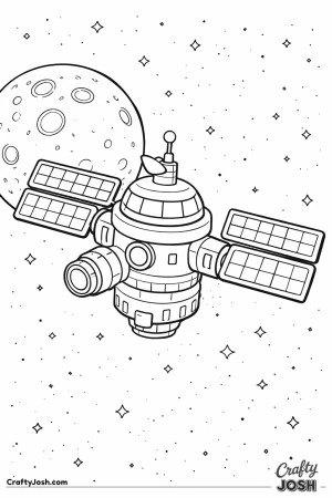 This image shows a space station with large solar panels floating near the moon with stars all around