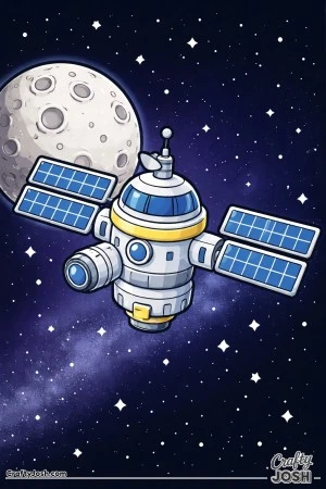 This image shows a space station with large solar panels floating near the moon with stars all around