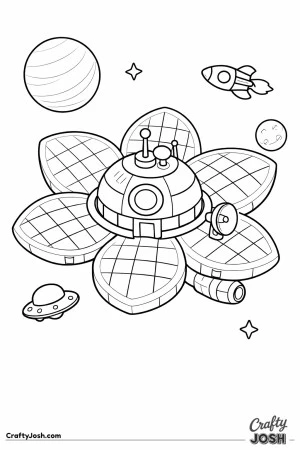 This image shows a flower-shaped space station with large petal-like solar panels floating in outer space alongside simple space objects