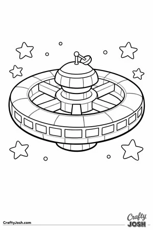 A wheel-shaped space station with windows all around floats in space with stars nearby