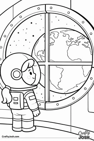 A girl astronaut stands inside a space station and looks out a big round window at Earth