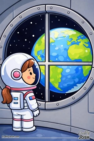 A girl astronaut stands inside a space station and looks out a big round window at Earth