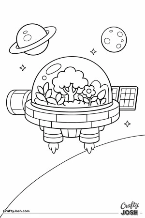 A floating space station with a clear dome shows a tree, leaves, and a flower growing inside, with planets and stars in the background