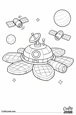 This image shows a simple space station with big solar panels, a satellite dish, and two satellites floating nearby, with a planet and moon in the ..