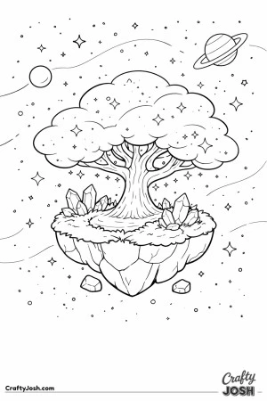 A magical tree is growing on a small floating rock with crystals, surrounded by stars and planets in space